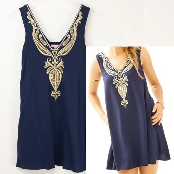 Lilly Pulitzer Owen Trapeze Dress Mini Beaded Rayon True Navy Blue Gold Size XXS - Picture 1 of 7